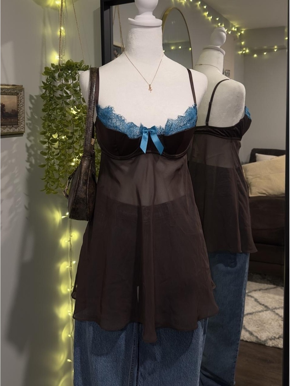 Brown & Blue Lace Babydoll Top 🦋